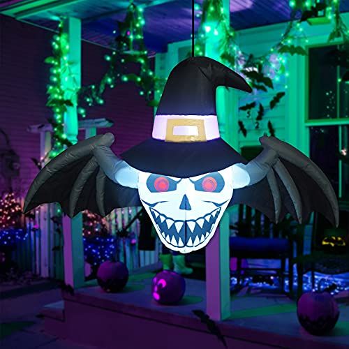  할로윈 용품GOOSH 4 Feet Halloween Ghost Inflatable Hanging Winged Demon’s Head Wearing a Wizard Hat, Blow Up Decoration with Built-in LEDs for Halloween Party Outdoor, InAdoor, Yard, Garden,