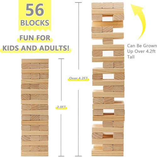  Gorock Giant Tumble Tower, Stacking Timber with Scoreboard Dice Carrying Bag, 56 PCS Wooden Block Building Game for Kids Adults Family(Stacks Up to 4.2 FT)