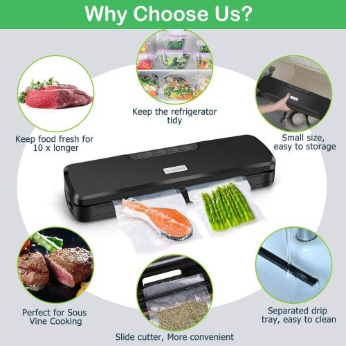 Goscien Food Vacuum Sealer Machine, One-Button Sealer Sealing System for Dry & Moist Food Preservation, Starter Kit with 15 PCS Bags Suitable for Home & Commerce