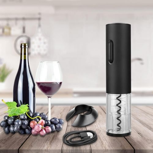  [아마존베스트]GOSCIEN Electric Wine Bottle Opener, Cordless Rechargeable Wine Opener, Automatic Corkscrew with USB Charging and Foil Cutter (Base), LED Indicator Light-Stainless Steel (Black)