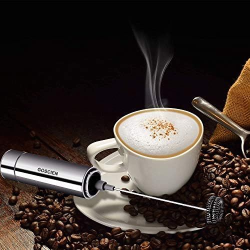  [아마존베스트]Goscien Electric Milk Frother, for Cappuccino, Macchiato, Latte, Hot Chocolate with Double & Simple Whisk, Battery Operation (Stainless Steel Cover Design), A, grey