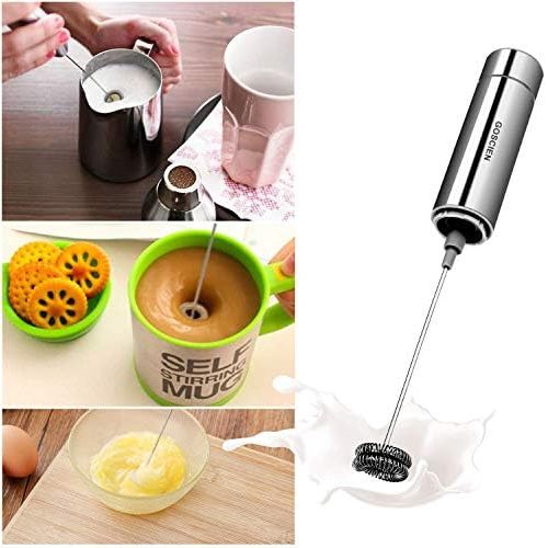  [아마존베스트]Goscien Electric Milk Frother, for Cappuccino, Macchiato, Latte, Hot Chocolate with Double & Simple Whisk, Battery Operation (Stainless Steel Cover Design), A, grey