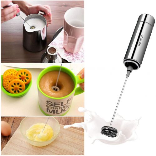  [아마존베스트]Goscien Electric Milk Frother, for Cappuccino, Macchiato, Latte, Hot Chocolate with Double & Simple Whisk, Battery Operation (Stainless Steel Cover Design), A, grey