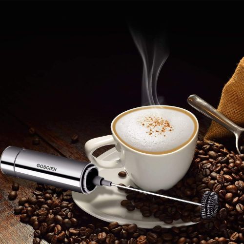 [아마존베스트]Goscien Electric Milk Frother, for Cappuccino, Macchiato, Latte, Hot Chocolate with Double & Simple Whisk, Battery Operation (Stainless Steel Cover Design), A, grey