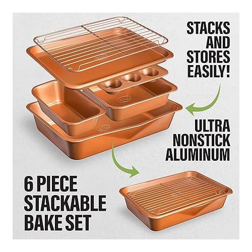  Gotham Steel 6 Pc Stackable Bakeware Set/Baking Pans Set Nonstick with Oven Pans + Baking Sheet Set and Wire Rack, Complete Baking Set for Kitchen, Oven/Dishwasher Safe, 100% Non Toxic…