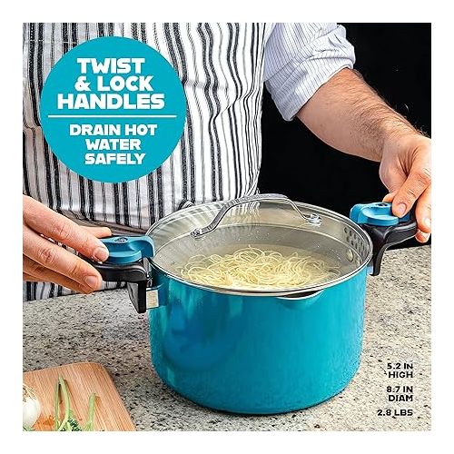  Gotham Steel 5 Quart Stock Pot Multipurpose Pasta Pot with Strainer Lid & Twist and Lock Handles, Nonstick Cooking Pot + Pasta Strainer Pots with Lid, Spaghetti Pot, Dishwasher Safe - Aqua Blue