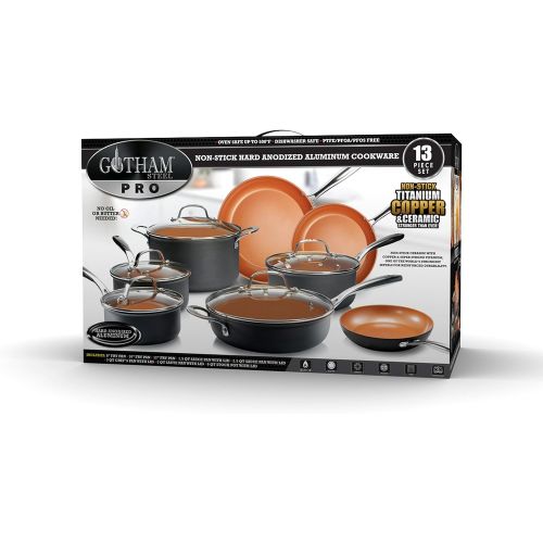  GOTHAM STEEL Pro Hard Anodized Pots and Pans 13 Piece Premium Cookware Set with Ultimate Nonstick Ceramic & Titanium Coating, Oven and Dishwasher Safe, Brown