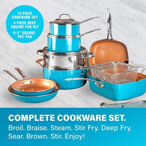  Gotham Steel Cookware + Bakeware Set with Nonstick Durable Ceramic Copper Coating ? Includes Skillets, Stock Pots, Deep Square Fry Basket, Cookie Sheet and Baking Pans, 20 Piece, T