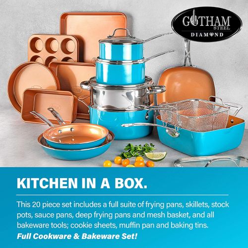  Gotham Steel Cookware + Bakeware Set with Nonstick Durable Ceramic Copper Coating ? Includes Skillets, Stock Pots, Deep Square Fry Basket, Cookie Sheet and Baking Pans, 20 Piece, T