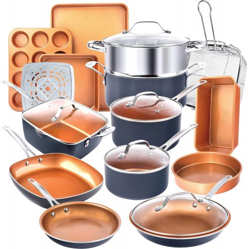  Gotham Steel 20 Piece Pots & Pans Set Complete Kitchen Cookware + Bakeware Set Nonstick Ceramic Copper Coating ? Frying Pans, Skillets, Stock Pots, Deep Square Fry Basket Cookie Sh