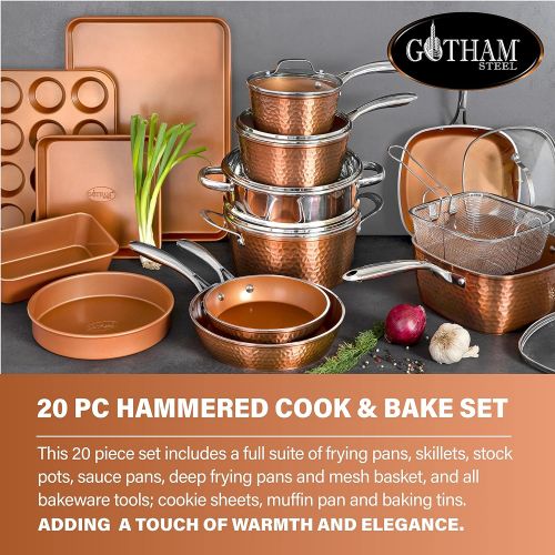  Gotham Steel Hammered Copper Collection ? 20 Piece Premium Cookware & Bakeware Set with Nonstick Copper Coating, Includes Skillets, Stock Pots, Deep Square Fry Basket, Cookie Sheet