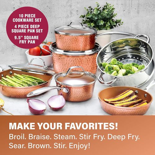  Gotham Steel Hammered Copper Collection ? 20 Piece Premium Cookware & Bakeware Set with Nonstick Copper Coating, Includes Skillets, Stock Pots, Deep Square Fry Basket, Cookie Sheet