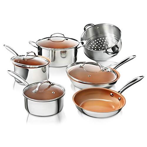 Gotham Steel 10 Piece Pro Chef Cookware Set Premium Copper Nonstick Pots and Pans Tri-Ply Bonded, Coated with Titanium and Ceramic Surface for the Ultimate Release  Dishwasher Sa