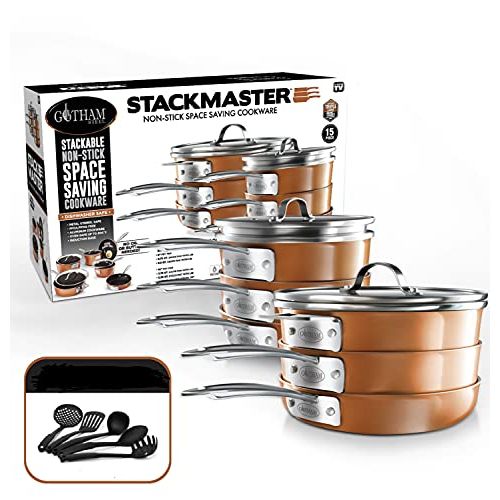  Gotham Steel Stackable Pots and Pans Set  STACKMASTER Complete 15 Piece Space Saving Ultra Nonstick Cookware Set, Includes Frying Pans, Skillets, Saucepans, Stock Pots, Induction