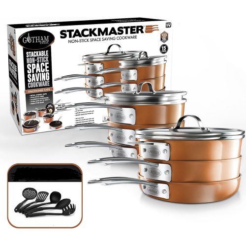  Gotham Steel Stackable Pots and Pans Set  STACKMASTER Complete 15 Piece Space Saving Ultra Nonstick Cookware Set, Includes Frying Pans, Skillets, Saucepans, Stock Pots, Induction