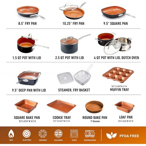  Gotham Steel Cookware + Bakeware Set with Nonstick Durable Ceramic Copper Coating  Includes Skillets, Stock Pots, Deep Square Fry Basket, Cookie Sheet and Baking Pans, 20 Piece, G