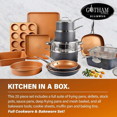  Gotham Steel Cookware + Bakeware Set with Nonstick Durable Ceramic Copper Coating  Includes Skillets, Stock Pots, Deep Square Fry Basket, Cookie Sheet and Baking Pans, 20 Piece, G