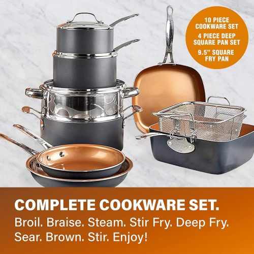  Gotham Steel Cookware + Bakeware Set with Nonstick Durable Ceramic Copper Coating  Includes Skillets, Stock Pots, Deep Square Fry Basket, Cookie Sheet and Baking Pans, 20 Piece, G