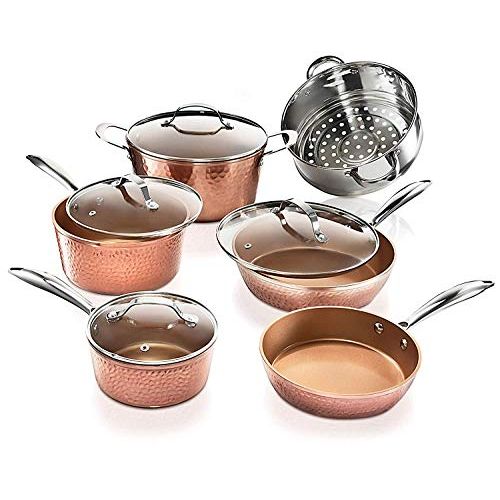  Gotham Steel Pots and Pans Set  10 Piece Premium Ceramic Cookware with Triple Coated Ultra Nonstick Copper Surface & Aluminum Composition for Even Heating, Oven, Stovetop & Dishwa