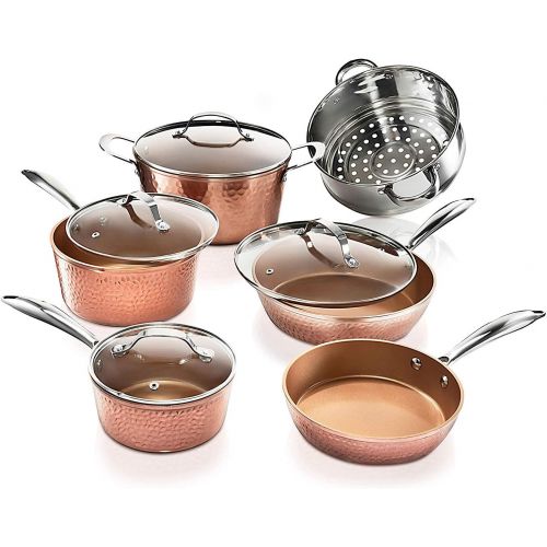  Gotham Steel Pots and Pans Set  10 Piece Premium Ceramic Cookware with Triple Coated Ultra Nonstick Copper Surface & Aluminum Composition for Even Heating, Oven, Stovetop & Dishwa