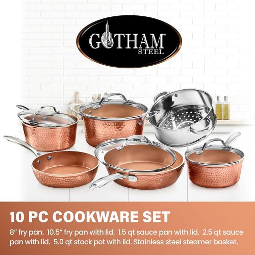  Gotham Steel Pots and Pans Set  10 Piece Premium Ceramic Cookware with Triple Coated Ultra Nonstick Copper Surface & Aluminum Composition for Even Heating, Oven, Stovetop & Dishwa