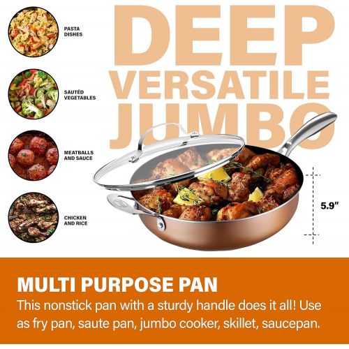  Gotham Steel Saute Pan with Lid  5.5 Quart Multipurpose Nonstick Jumbo Cooker with Glass Lid, Stainless Steel Handle & Helper Handle, Oven & Dishwasher Safe, 100% PFOA FREE