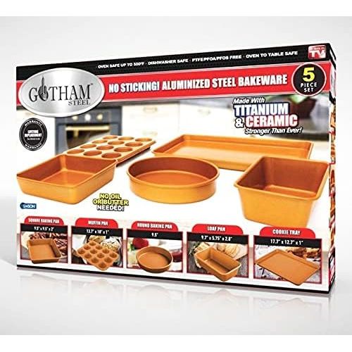  [아마존베스트]Gotham Steel Nonstick Bakeware Set with Durable Ceramic Coating, Heavy Duty 0.8MM Gauge Dishwasher Safe, Includes XL Cookie Sheet, Muffin Pan, Loaf Pan & Round Baking Tray, Copper