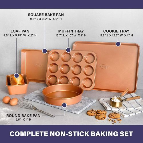  [아마존베스트]Gotham Steel Nonstick Bakeware Set with Durable Ceramic Coating, Heavy Duty 0.8MM Gauge Dishwasher Safe, Includes XL Cookie Sheet, Muffin Pan, Loaf Pan & Round Baking Tray, Copper