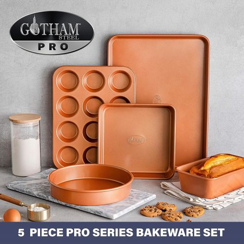  [아마존베스트]Gotham Steel Nonstick Bakeware Set with Durable Ceramic Coating, Heavy Duty 0.8MM Gauge Dishwasher Safe, Includes XL Cookie Sheet, Muffin Pan, Loaf Pan & Round Baking Tray, Copper