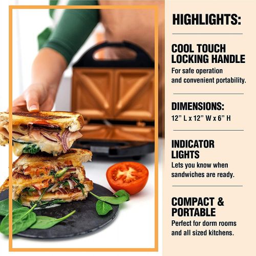  [아마존베스트]Gotham Steel Sandwich Maker, Toaster and Electric Panini Grill with Ultra Nonstick Copper Surface - Makes 2 Sandwiches in Minutes with Virtually No Clean Up, with Easy Cut Edges an