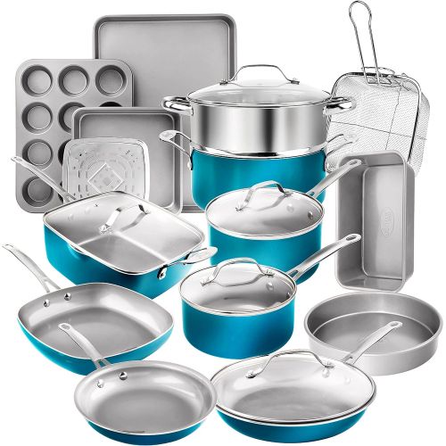  Gotham Steel Aqua Blue 20 Piece Pots & Pans Set, Nonstick Ceramic Cookware Set + Bakeware Set - Frying Pans, Stock Pots, Deep Fry Pan, Cookie Sheet & Baking Pans, Stay Cool Handles