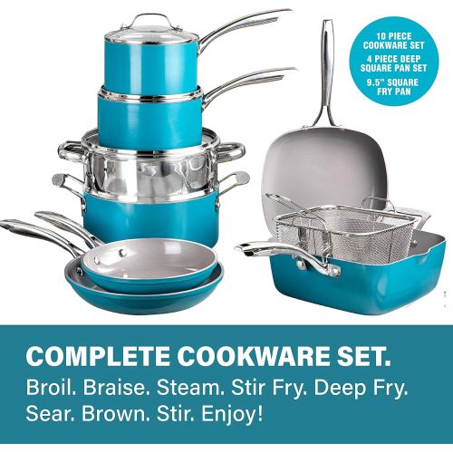  Gotham Steel Aqua Blue 20 Piece Pots & Pans Set, Nonstick Ceramic Cookware Set + Bakeware Set - Frying Pans, Stock Pots, Deep Fry Pan, Cookie Sheet & Baking Pans, Stay Cool Handles