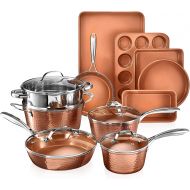 Gotham Steel Hammered Copper Collection ? 15 Piece Premium Cookware & Bakeware Set with Nonstick Coating, Aluminum Composition? Includes Fry Pans, Stock Pots, Bakeware Set & More,