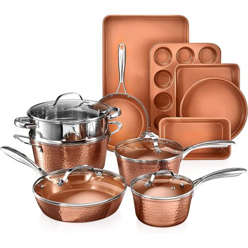  Gotham Steel Hammered Copper Collection ? 15 Piece Premium Cookware & Bakeware Set with Nonstick Coating, Aluminum Composition? Includes Fry Pans, Stock Pots, Bakeware Set & More,