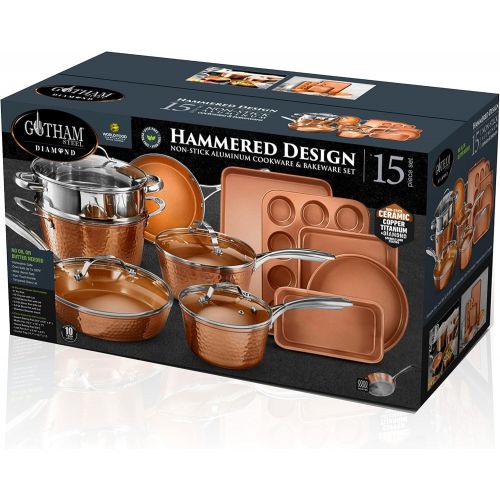  Gotham Steel Hammered Copper Collection ? 15 Piece Premium Cookware & Bakeware Set with Nonstick Coating, Aluminum Composition? Includes Fry Pans, Stock Pots, Bakeware Set & More,