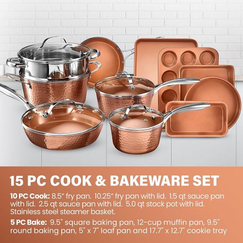  Gotham Steel Hammered Copper Collection ? 15 Piece Premium Cookware & Bakeware Set with Nonstick Coating, Aluminum Composition? Includes Fry Pans, Stock Pots, Bakeware Set & More,