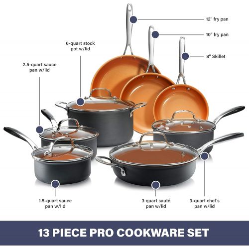  GOTHAM STEEL Pro Hard Anodized Pots and Pans 13 Piece Premium Cookware Set with Ultimate Nonstick Ceramic & Titanium Coating, Oven and Dishwasher Safe, Brown