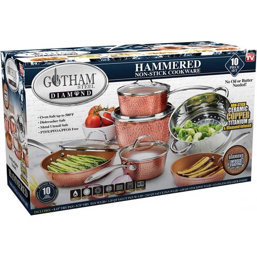  Gotham Steel Pots and Pans Set ? Premium Ceramic Cookware with Triple Coated Ultra Nonstick Surface for Even Heating, Oven, Stovetop & Dishwasher Safe, 10 Piece, Hammered Copper