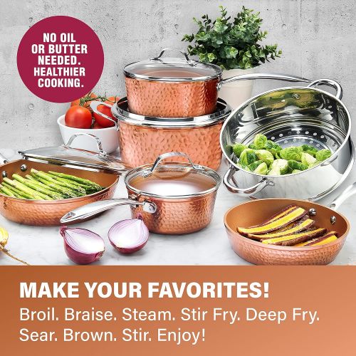  Gotham Steel Pots and Pans Set ? Premium Ceramic Cookware with Triple Coated Ultra Nonstick Surface for Even Heating, Oven, Stovetop & Dishwasher Safe, 10 Piece, Hammered Copper