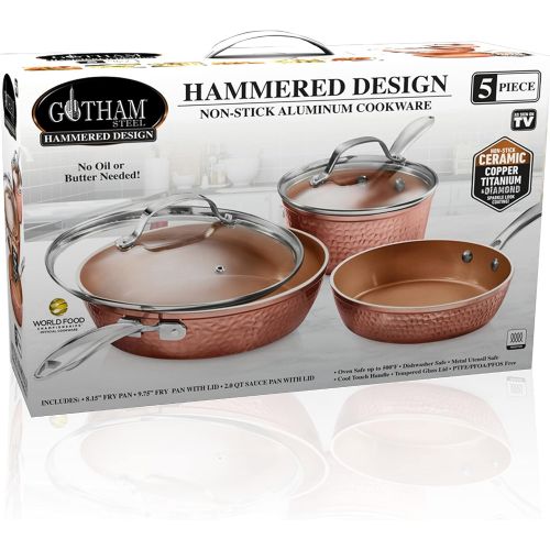  Gotham Steel Premium Hammered Cookware ? 5 Piece Ceramic Cookware, Pots and Pan Set with Triple Coated Nonstick Copper Surface & Aluminum Composition for Even Heating, Oven, Stovet