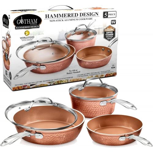  Gotham Steel Premium Hammered Cookware ? 5 Piece Ceramic Cookware, Pots and Pan Set with Triple Coated Nonstick Copper Surface & Aluminum Composition for Even Heating, Oven, Stovet
