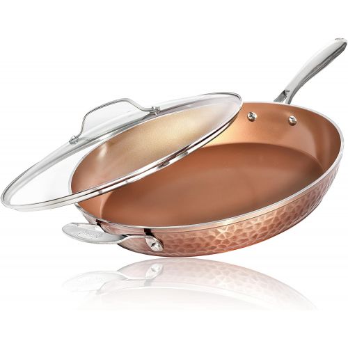  Gotham Steel 14” Nonstick Fry Pan with Lid ? Hammered Copper Collection, Premium Aluminum Cookware with Stainless Steel Handles Dishwasher & Oven Safe