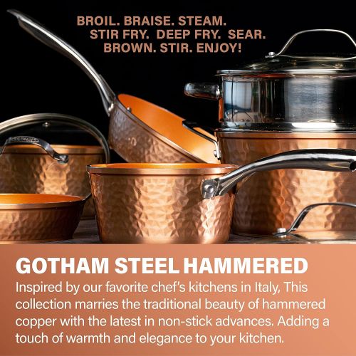  Gotham Steel 14” Nonstick Fry Pan with Lid ? Hammered Copper Collection, Premium Aluminum Cookware with Stainless Steel Handles Dishwasher & Oven Safe