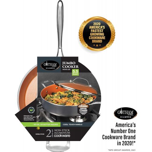  Gotham Steel Nonstick Saute Pan with Lid ? 5.5 Quart. Multipurpose Ceramic Jumbo Cooker Fry Pan with Glass Lid, Stay Cool Handle + Helper Handle, Oven, Stovetop & Dishwasher Safe,