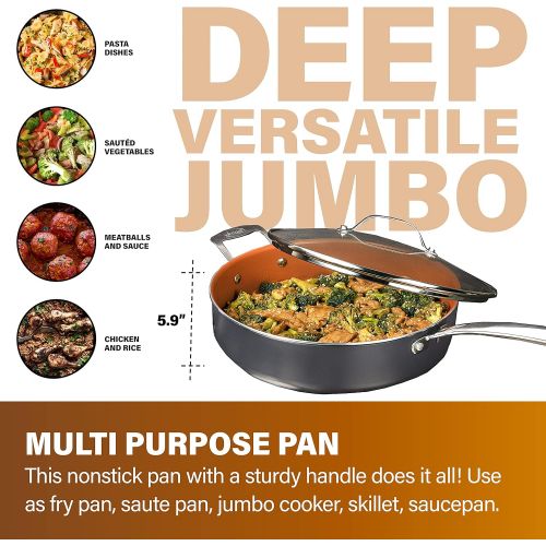  Gotham Steel Nonstick Saute Pan with Lid ? 5.5 Quart. Multipurpose Ceramic Jumbo Cooker Fry Pan with Glass Lid, Stay Cool Handle + Helper Handle, Oven, Stovetop & Dishwasher Safe,