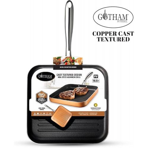  Gotham Steel Nonstick Grill Pan for Stovetops with Grill Sear Ridges, Drains Grease, Ultra Durable Coating, Metal Utensil Safe, Stay Cool Stainless-Steel Handle, Oven & Dishwasher