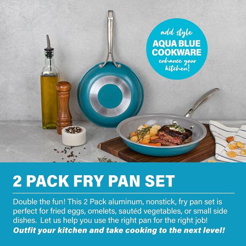  Gotham Steel Aqua Blue Frying Pan Set, 2 Piece Nonstick Ceramic Copper Fry Pans Set, 8.5” & 9.5” Non Stick Skillet, Stainless Steel Stay Cool Handles, Oven & Dishwasher Safe to 500