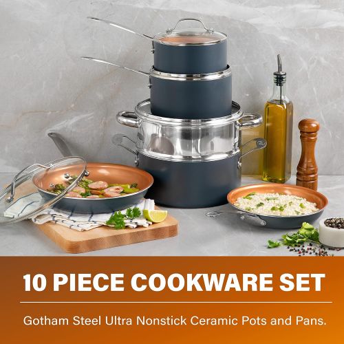  [아마존베스트]Gotham Steel Pots and Pans 10 Piece Cookware Set with Nonstick Ceramic Coating by Chef Daniel Green  Graphite, Fry, Stock Steamer Insert