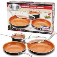 [아마존베스트]Gotham Steel 5 Piece Kitchen Essentials Cookware Set with Ultra Nonstick Copper Surface Dishwasher Safe, Cool Touch Handles- Includes Fry Pans, Stock Pot, and Glass Lids, Original