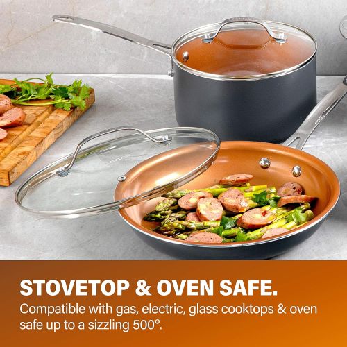  [아마존베스트]Gotham Steel 5 Piece Kitchen Essentials Cookware Set with Ultra Nonstick Copper Surface Dishwasher Safe, Cool Touch Handles- Includes Fry Pans, Stock Pot, and Glass Lids, Original